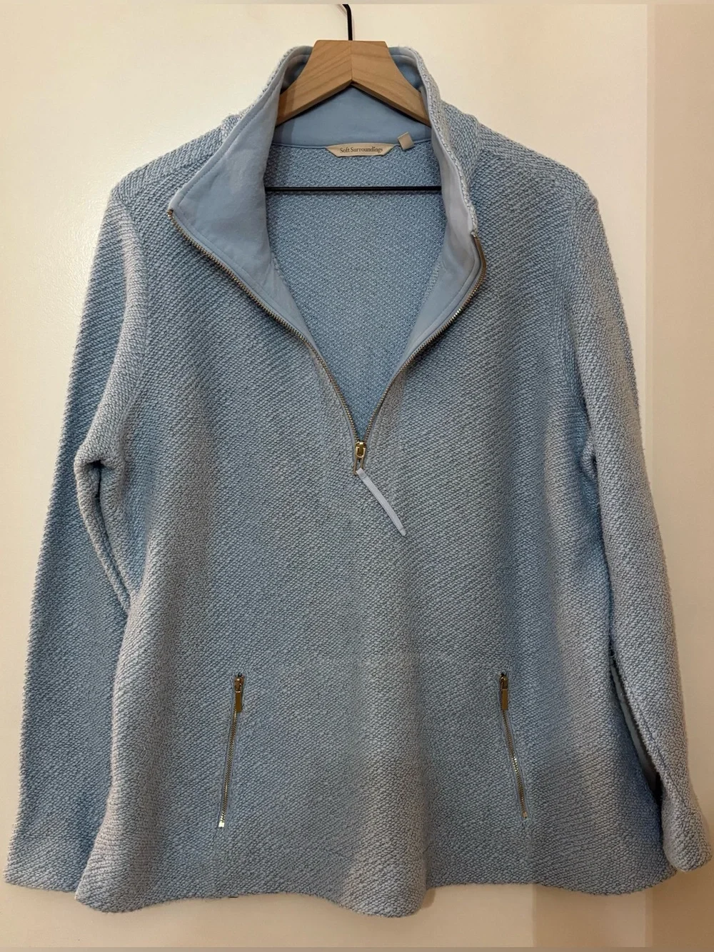Soft Surroundings Light Blue Textured Loose Knit Cotton Quarter Zip Sweater PXL